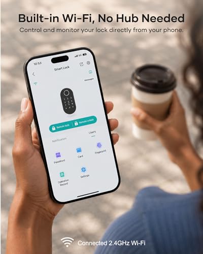 Firstriver Wi-Fi Smart Front Door Lock Set, Keyless Entry Deadbolt Handle Set Built-in WiFi Fingerprint Electronic Smart Deadbolt with Lever Handle, Digital Keypad, App Control Work with Alexa Black — view 3
