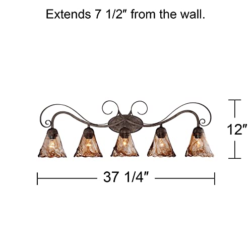 Image of Franklin Iron Works Amber Scroll Rustic Vintage Wall Mount Light Golden Bronze Silver Metal 37 1 /4 inch Wide 5-Light Vanity Fixture Organic Art Glass Shades Decor for Bathroom Over Mirror House Home