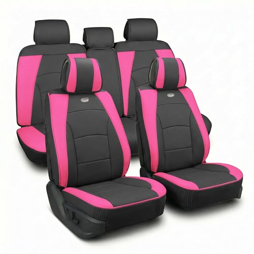 Image of FH Group Ultra Comfort Highest Grade Faux Leather Full Set Cushion Pads Car Seat Covers for Front and Rear- Universal Fit for Cars Trucks & SUVs Pink /Black