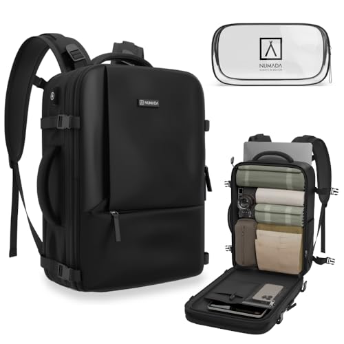 NUMADA-Mochila Viaje Cabina Avión 40x20x25cm (20L) + Regalo Neceser con Compartimento para Portátil 15'. Mochila Ryanair con Asas Acolchadas, Cintas de Apriete, Zapatero y Zona para Líquidos|Negra