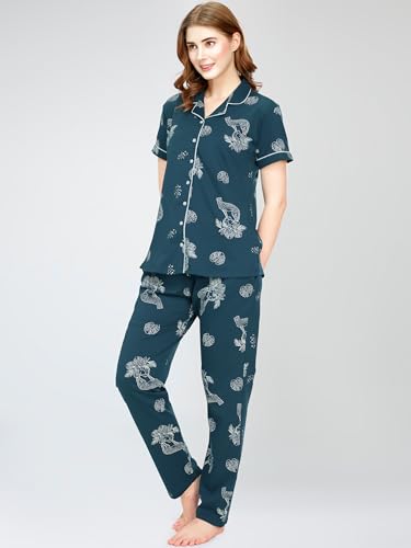 Image of ZEYO Night Suit for Women's Floral & Cheetah Printed Cotton Night Dress of Shirt and Pajama Set 5755