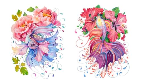 2 fogli di tatuaggi a pesce rosso con fiori e pesce, tatuaggi per feste, tatuaggi adesivi KM193 194