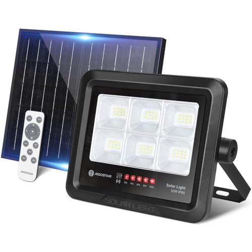 Aigostar Foco Proyector LED Solar con mando a distancia 50w, Blanco Frío 6500K, Foco Solar Exterior Impermeable IP65,Proyector LED Exterior con Brillo y Sincronización ajustables para Jardín,Garaje