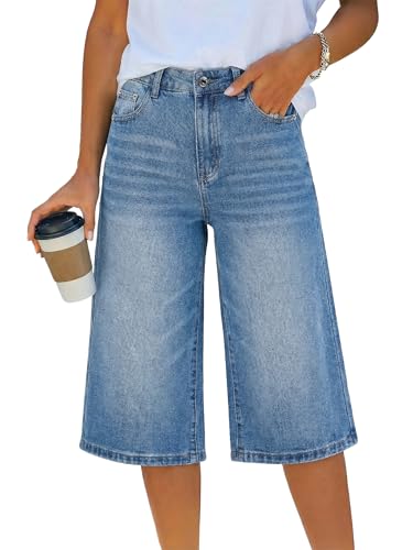 EMMIOL Baggy Y2k Jorts for Women - Wide Leg Mid Rise Bermuda Jeans Shorts Boyfriend Casual Summer Trendy Denim Streetwear, Blue, S