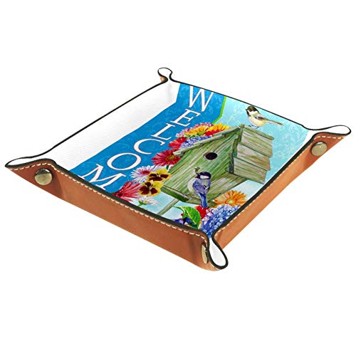 Preisvergleich Produktbild XiangHeFu Willkommen Vogel Blumenhaus Valet Tray Ledertablett Leder Catchall Schlüssel Handy Münzkasten für Schlüsselgeld Nachttisch Storage Container Box Organizer