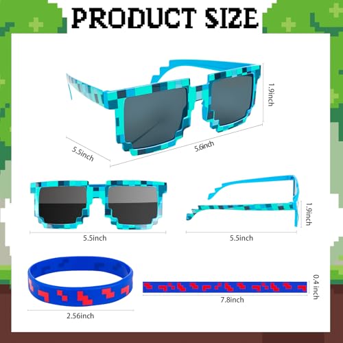 24Pack Pixel Theme Party Favors, 12 Pixelated Sunglasses and 12 Silicone Bracelets, Video Game Gamer Ideal Gift for Kids and Adults Birthday Party Decorations Supplies4