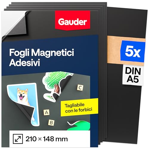 GAUDER Foglio Magnetico Autoadesivo - Pellicola Magnetica Ritagliabile per Foto, Fai-da-te e Cartelli - Magnete Adesivo per Casa, Scuola e Ufficio (5 pezzi - DIN A5-210 x 148 mm)