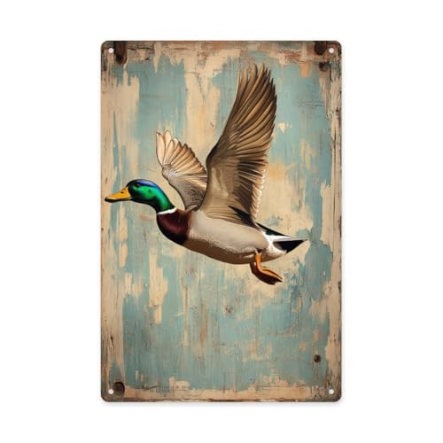 BEAROWL Metal tin sign，Flying mallard duck with green head, Oranges