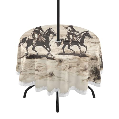 Wajiw 60 Inch Indoor Outdoor Round Tablecloth with Umbrella Hole and Zipper Waterproof Patio Table Cover for Camping Dining Room Party Outdoor Picnic,Two Cowboys