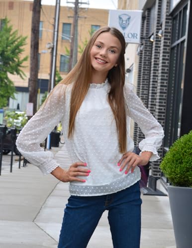 Arshiner Girls Long Sleeve Shirts Chiffon Blouses Swiss Dot Frill Neck Casual Loose Cute Top Tee4