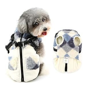 Ranphy Patchwork Fleece Lined Jacket with Built-in Harness for Small Dog Padded Puppy Winter Coat Sleeveless Zipper Windproof Yorkie Chihuahua Warm Clothes Double Leash Ring Cat Clothing,White,S