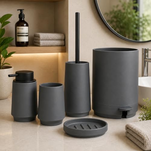 Akrilik Banyo Seti 5 Parça, Çöp Kovası, Tuvalet Fırçası, Sıvı Sabunluk, Diş Fırçalık ve Bardak, Modern Tasarım, Dekoratif Banyo Aksesuar Seti, Dikey oluklu Gri