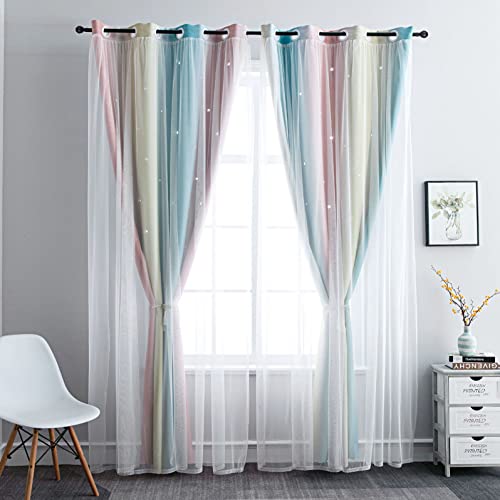 Fanli Ombre Rainbow Blackout Curtains For Kid Girls Bedroom Living Room Darking Stripe Double Layer Star Cut Out Wall Home Decor Gradient Grommet Window Curtains (Pink/Blue, 52W X 63L)… #TOP5