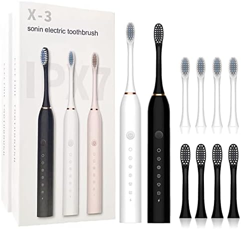 CRLKSSJX 2 Pack Sonic Electric Toothbrush for Adults, USB Rechargeable Powerful Sonic Toothbrush with 6 Cleaning Modes, Smart Timer and 8 Brush Heads, IPX7 Waterproof Rating, 42000VPM(White-Black)