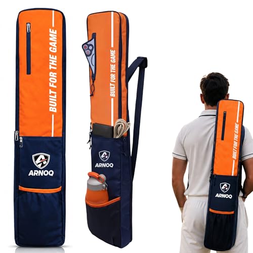 Image of Pro Cricket Bat Cover Full Size with Shoulder Strap, Water-Resistant & Lightweight, Quick Acess Pockets for Wooden & Plastic Bats (Orange)