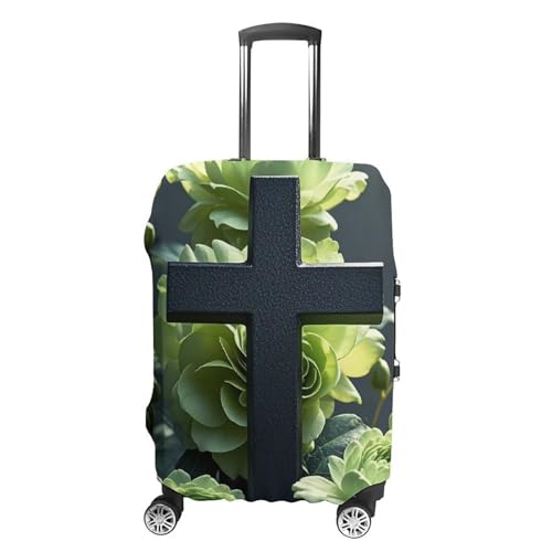 Black Cross Among Green Flowers Printed Luggage Cover Protector, Fits 18-32 Inch Luggage