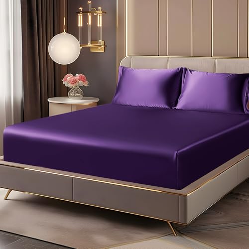 BEDELITE Satin Fitted Sheet and Pillowcases Set, Luxury Soft Similar to Silk Bottom Bedsheet with Elastic Corner Straps, Deep Pocket up to 15 Inch, 1 Fitted Sheet and 2 Pillowcases(Queen, Plum Purple)
