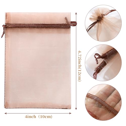 Image of Hopttreely 100pcs Organza Bags, Light Brown 4''x4.72''(10x12cm) Satin Drawstring Organza Pouch Wedding Party Favor Gift Bag Jewelry Watch Bags