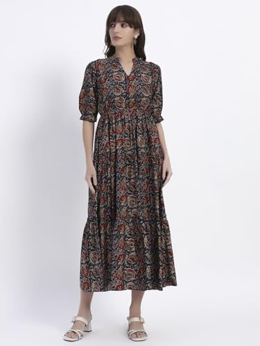 Image of Women's Fit and Flare Dress I Pure Cotton Long Summer Maxi Dress I V-Neck I Casual Wear I Printed Kalamkari Floral Middi