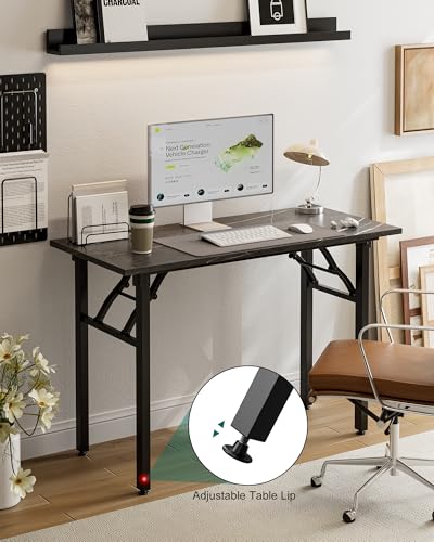 Image of Frylr Small Folding Computer Desk - Portable 44.3 Inch Foldable Laptop Table, Collapsible and Compact for Easy and Fast Setup, Lightweight for Small Spaces, Home Craft and Study Use, Marble Greige