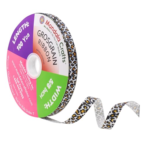 Mandala Crafts Leopard Print Ribbon for Gift Wrapping - 5/8 Inch Leopard Print Grosgrain Ribbons for Crafts DIY Hair Ribbons - 100 Yard Bulk Fabric Ribbon for Wedding Ribbon Party Décor