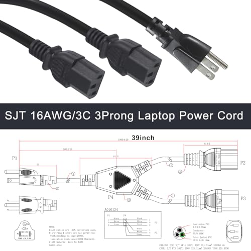 Image of Computer Y Splitter Power Cord, 3FT NEMA 5-15P to 2X IEC60320 C13 Female 2 Ways Outlet AC Power Cord, SJT 16AWG Universal Laptop 3 Prong Power Cable, C13 Y Spliiter for Monitor /TV /Printer