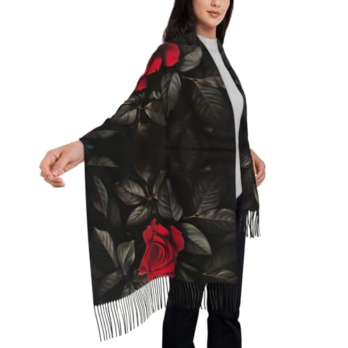 Red Rose And Black Leaves Print Women'S Super Soft Classic Winter Fringed Scarf For Spring Fall Winter Warm Scarve4