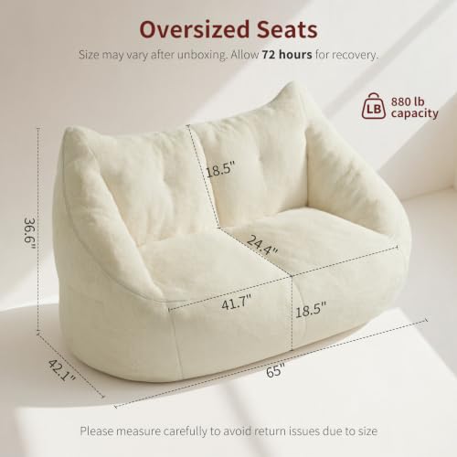 Image of Relefree Oversized Bean Bag Chairs for Adults,Bean Bag Loveseat Sofa,Boneless loveseat for Reading,2 Seater Lazy Sofa for Small Spaces,Mini Small Couches for Living Room,Bedroom,Apartment,Cream White