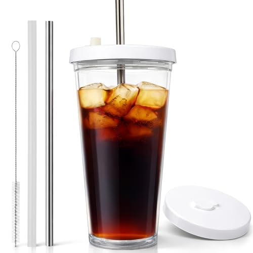 Kensal Home Reusable Iced Coffee Cup (24 Oz/Venti), Leak Proof and Double Wall Insulated Iced Coffee Tumbler, Come with Reusable Plastic and Metal Straws and Straw Cleaner - White