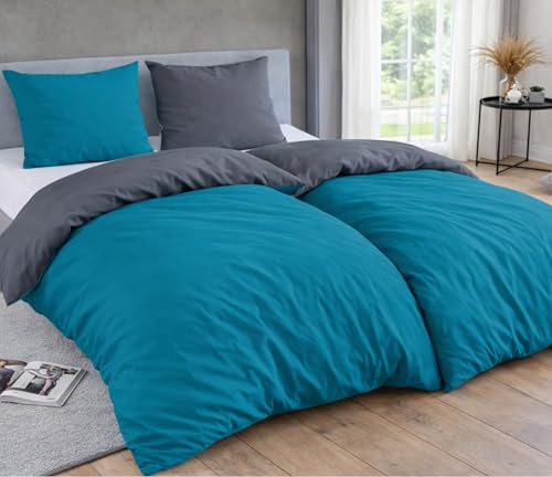 MALIKA® Bettwäsche 135x200 4 teilig | ÖkoTex Zertifiziert & für Allergiker geeignet |Bettwäsche Set mit je 2 Bettbezügen 135 x 200 & Kissenbezügen 80x80 | modern & hochwertig, Farbe:Petrol-GRAU