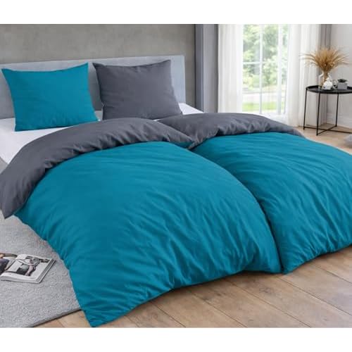 MALIKA® Bettwäsche 135x200 4 teilig | ÖkoTex Zertifiziert & für Allergiker geeignet |Bettwäsche Set mit je 2 Bettbezügen 135 x 200 & Kissenbezügen 80x80 | modern & hochwertig, Farbe:Petrol-GRAU