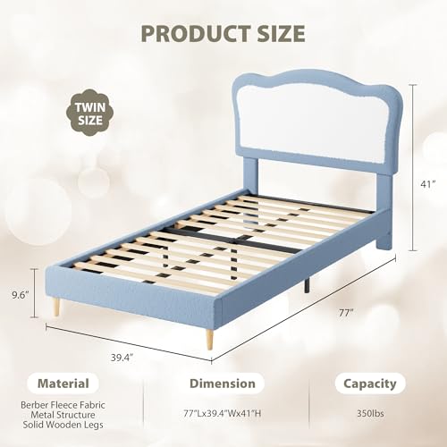 GarveeHome Upholstered Twin Bed Frame for Kids with Scallop Headboard, Cute Velvet Twin Bed for Girls, Boys, Sturdy Platform Bed, No Box Spring Needed, Wooden Slats, Noise Free, Blue White