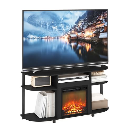 Image of Furinno Jensen Fireplace TV Stand, Curved Entertainment Center, TV Console for TV up to 55 Inch with Fireplace and Open Storage, for Living Room, Bedroom, Americano
