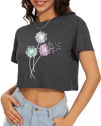 Image of Womens Summer Crop Tops Short Sleeve Round Neck T-Shirts Loose Fit Casual Blouse 2026