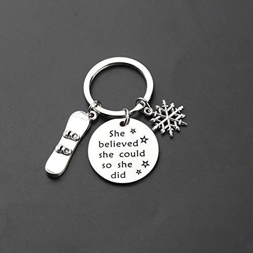 Image of CENWA Snowboarder Gift 3D Snowboard and Snowflake Pendant Snowboarding Keychain Snowboarder Team Gift She Believed She Could
