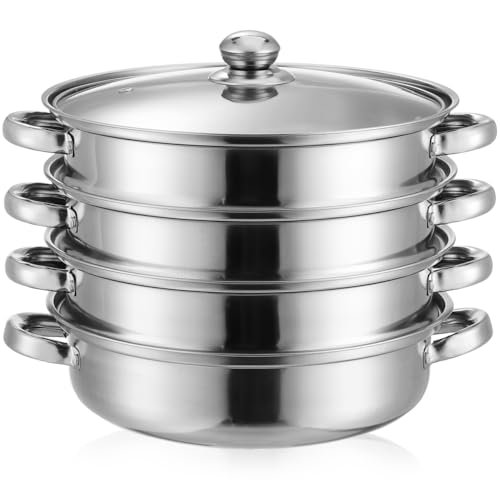 Housoutil Stainless Steel 4 Tier Steamer, 28cm Vegetable Steamer Pot with Lid, Induction Hob Saucepan for Vegetable Dumpling, Work with Gas, Electric, Grill Stove Top