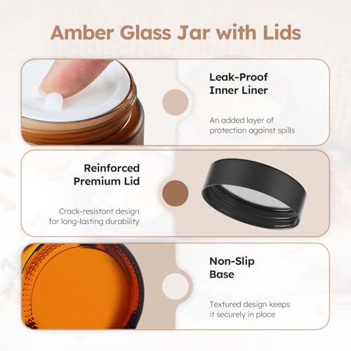 2 oz Glass Jars with Lids, 36 Pack Amber Small Glass Jars with Black Lids Leakproof Round Airtight Empty Cosmetic Travel Containers with Inner Liners For Lotions Powders and Candle Making2
