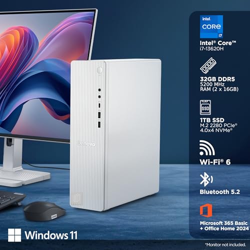 Image of Lenovo IdeaCentre Tower 13th Gen Core i7-13620H (32GB RAM /1TB SSD /Windows 11 /Microsoft 365 Basic + Office Home 2024 /Wifi 6 /Bluetooth 5.2 /USB Calliope Keyboard & Mouse,Black /Grey)
