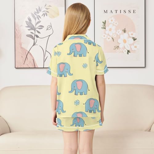 Satin Pajama Sets Short Sleeve Elephant Flower Pattern Print Button Down Silky Nightwear 2 Piece PJS 5-14Y4