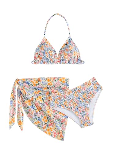 Image of SEGT Girl's 3 Piece Striped Bikini Swimwear Cute Swimsuits Bathing Suit High Waisted with Cover Up Beach Skirt