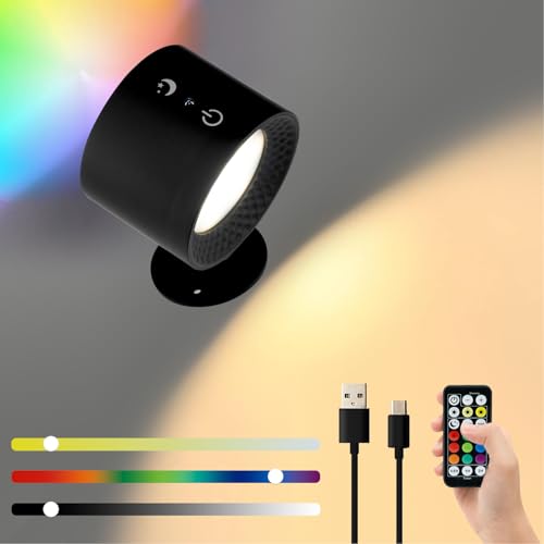 VAODO UP&Down LED Wall Sconces, RGB Magnetic 360°Rotation Cordless Wall Light, Wall Mounted Lamps with Remote Control and 3 Color Temp, for Reading Bedside Bedroom Living Room Reading Room, Black