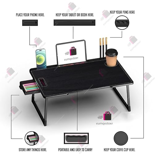Image of Foldable Wooden Mini Laptop Table for Bed, Study Table with Drawer, Tablet /Mobile Holder for Kids & Adults (US-Black COTED)