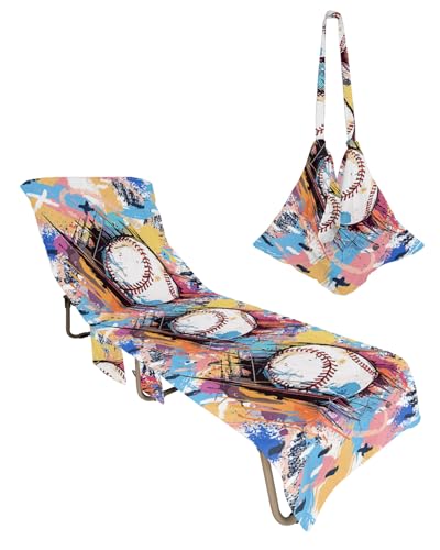 Baseball Sports Beach Chair Towel Covers for Chaise Lounge with Side Pocket, Soft Plush Pool Towels Cover for Patio Sunbathing Outdoor 29''x85'' Minimalist Geometric Smear Art