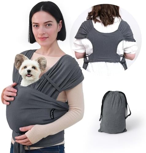 Small Dog Front Carrier: Easy Wrap Sling – Hands Free – Size Adjustable – Puppy Pet Cat Up to 20 lbs, Dark Grey