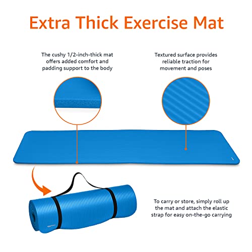 Image of AmazonBasics Neoprene Dumbbell Pair, 2 x 2Kg & Amazon Basics 13mm Extra Thick NBR Yoga and Exercise Mat with Carrying Strap, Blue