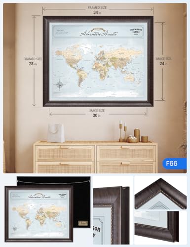 Image of IPIC - Custom Framed world map wall art, Push Pin Map Decor to Mark Travels, Personalized Artwork with Names and Message on, Large World Travel Map Print for Home, Office, Study, and RV