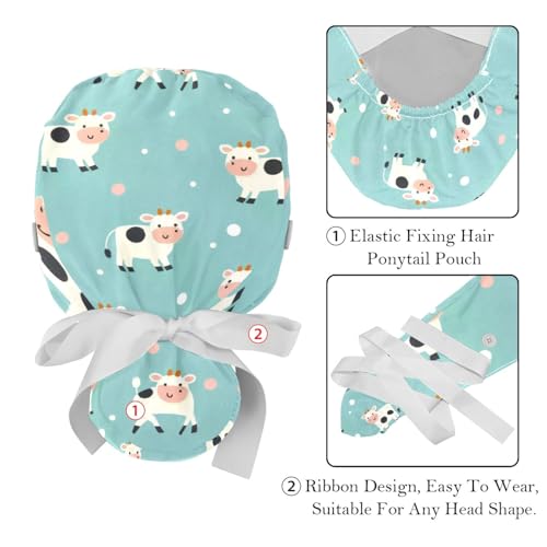 Image of 2 PCS Bouffant Cap with Button Ponytail Pouch Working Cap Sweatband Adjustable Surgical Cap Black and White Cow