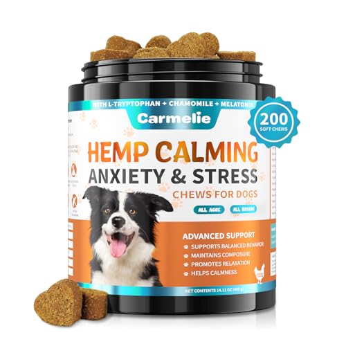 Hemp Calming Chew for Dog 200 Chews Dog Calming Treats Dog Anxiety Stress Relief Valerian Root Chamomile Melatonin for Dog Separation Barking Stress Sleep Aid Chicken Flavor