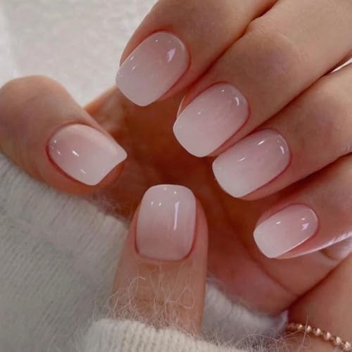Ceboic 24Pcs Uñas Postizas Cortas Cuadradas Rosa Degradado Francesa Press on Nails con Pegamento Gelatina Acrílico Bailarina Uñas Falsas Naturales Cobertura Completa para Mujeres y Niñas, 12 Tamaños