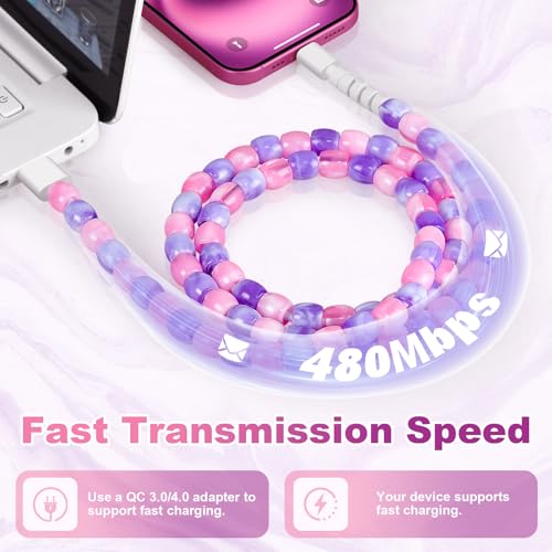 Image of HianDier USB C to USB C Cable 3.3FT Stylish Crystal Beads Jade Type C Charger Fast Charging Cord for Girls Women Compatible with iPhone 17 Air 16 Pro Max 15 for Galaxy S25 for iPad Pro-Pink Purple